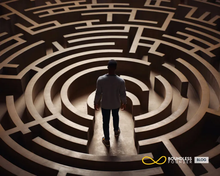 Entrepreneur deep in thought, breaking free from overthinking and emotional overwhelm to make clear decisions.