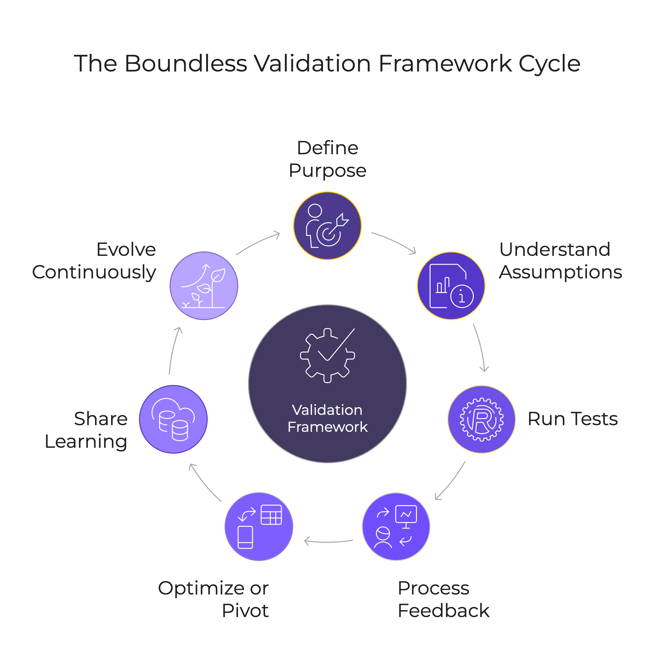 A circular diagram showing the 7 steps of the validation framework: Purpose, Understand, Run, Process, Optimize, Share, Evolve.