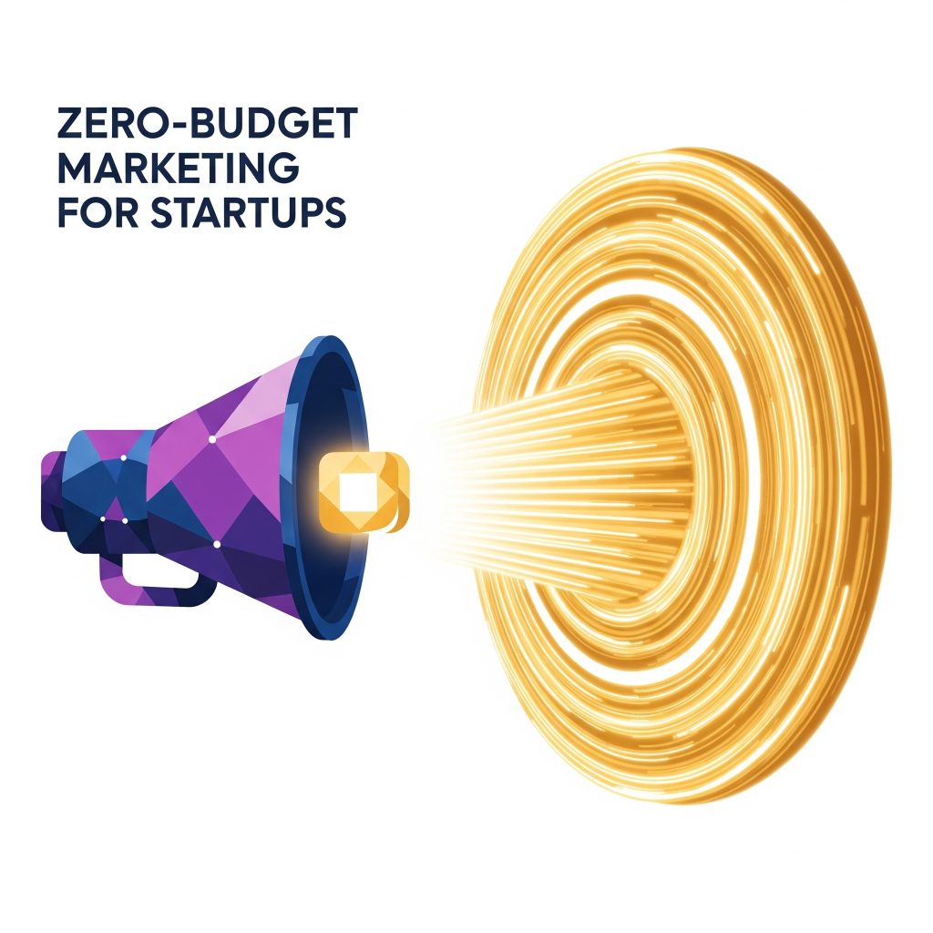 A megaphone emitting light rays that form a circular, radiating pattern, with "ZERO-BUDGET MARKETING FOR STARTUPS" text.