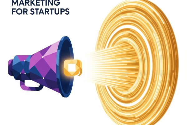 A megaphone emitting light rays that form a circular, radiating pattern, with "ZERO-BUDGET MARKETING FOR STARTUPS" text.